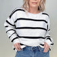 White and Black Stripe Sweater With Pearl Button Detail