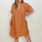 Zenana Gauze Short Sleeve Raw Edge V-Neck Dress